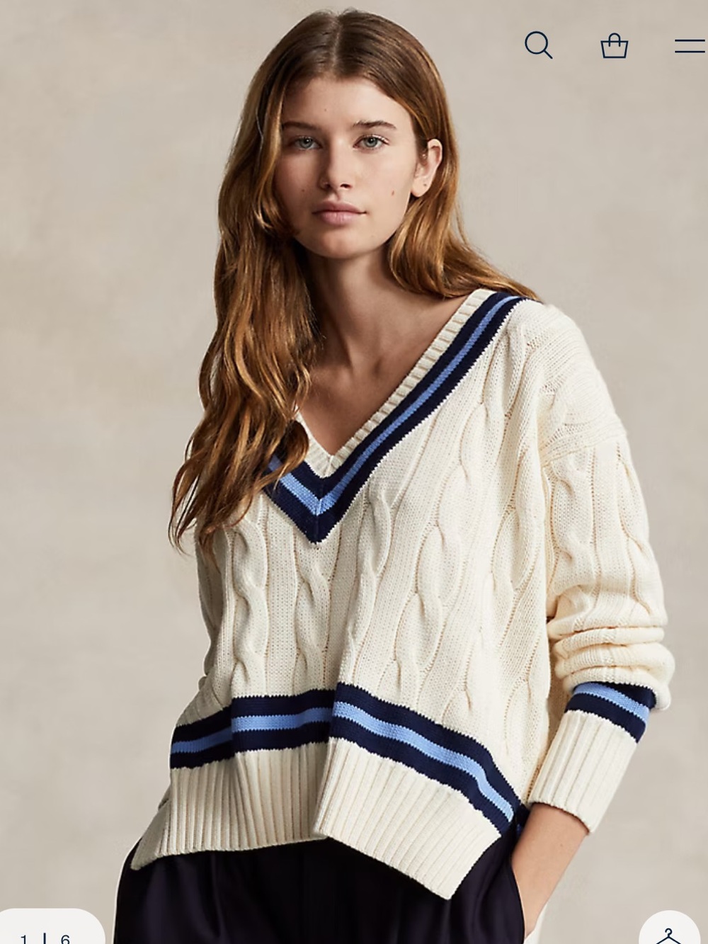 Polo Ralph Lauren The Iconic Cricket Sweater Cream Navy Cable Knit V-Neck XL